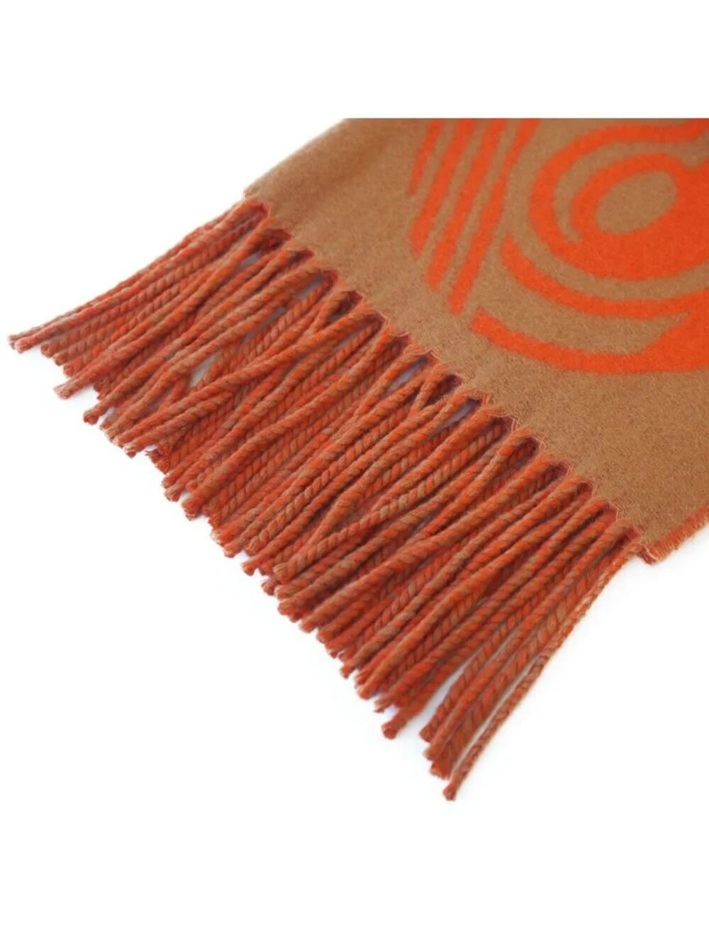 Hermes Scarf Fringe Beige Orange Dore Buckle Cashmere 100%